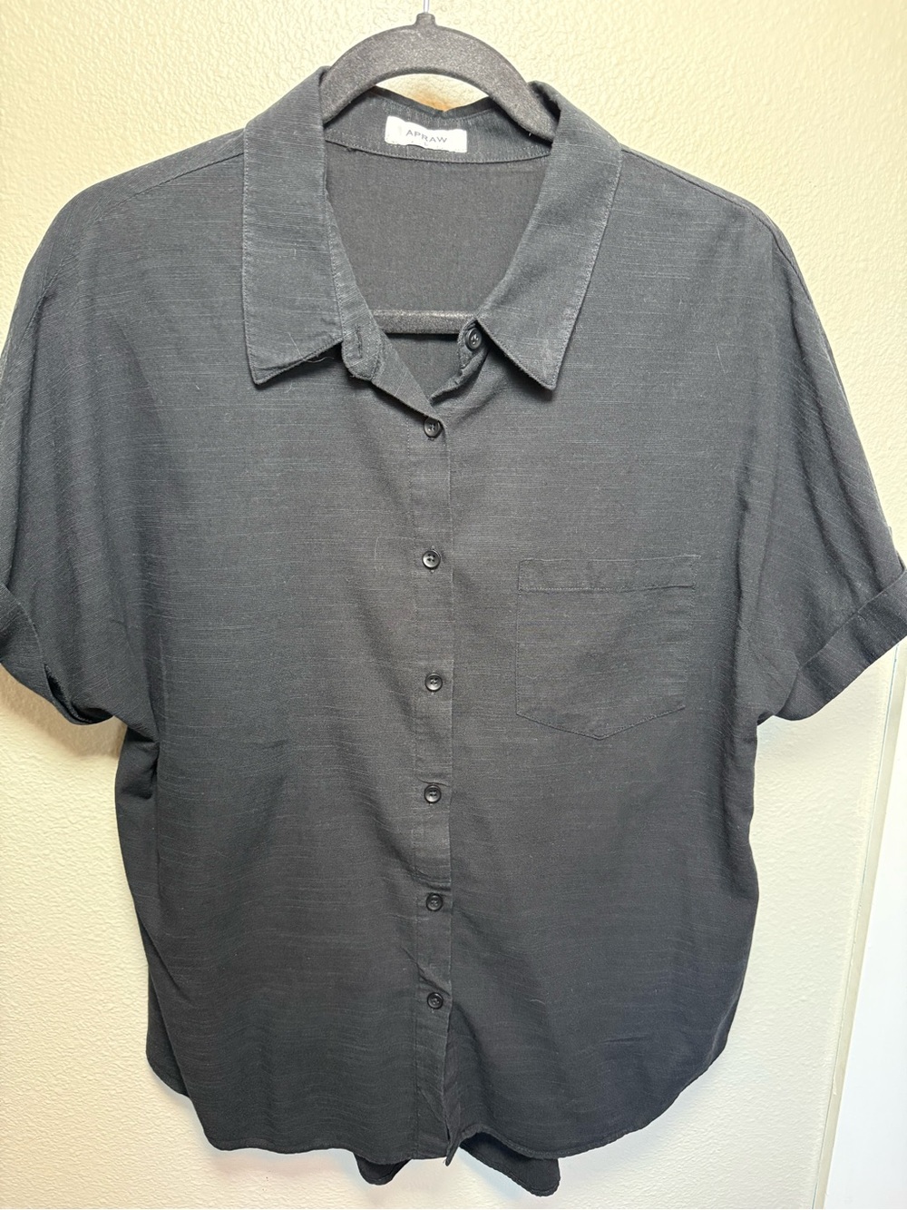 APRAW Black Short Sleeve Button Down Shirt Size Large Relaxed Minimalist